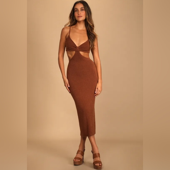 Lulus Dresses & Skirts - Lulus Brown Cutout Midi Sweater Dress in Women's M